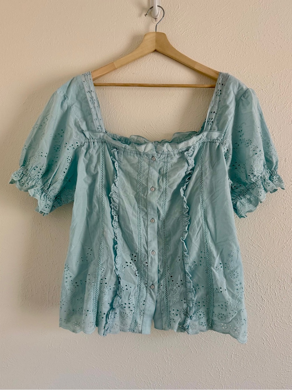 Anthropologie Powder Blue Eyelet Puff Sleeve Blouse